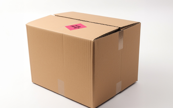 A brown box with a pink label with a plain white background.