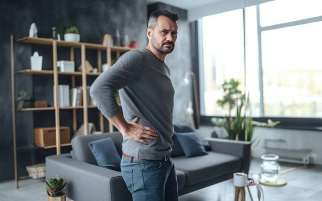 Man standing in the living room holding his back