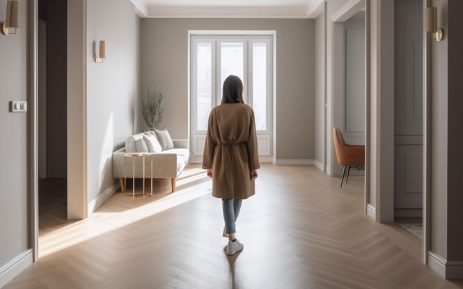 A woman standing in the middle of her empty living room