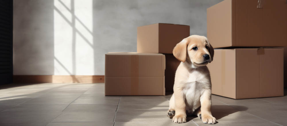 Removals in Milton Keynes picture of a puppy in front of boxes.