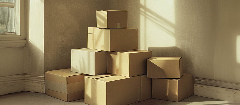 boxes piled up in a corner of a empty living room